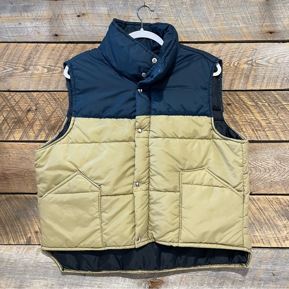 VTG 80s Puffer Vest Mens XL Blue Tan Two Tone Quilted Insulated Outdoors Snap - Picture 2 of 15